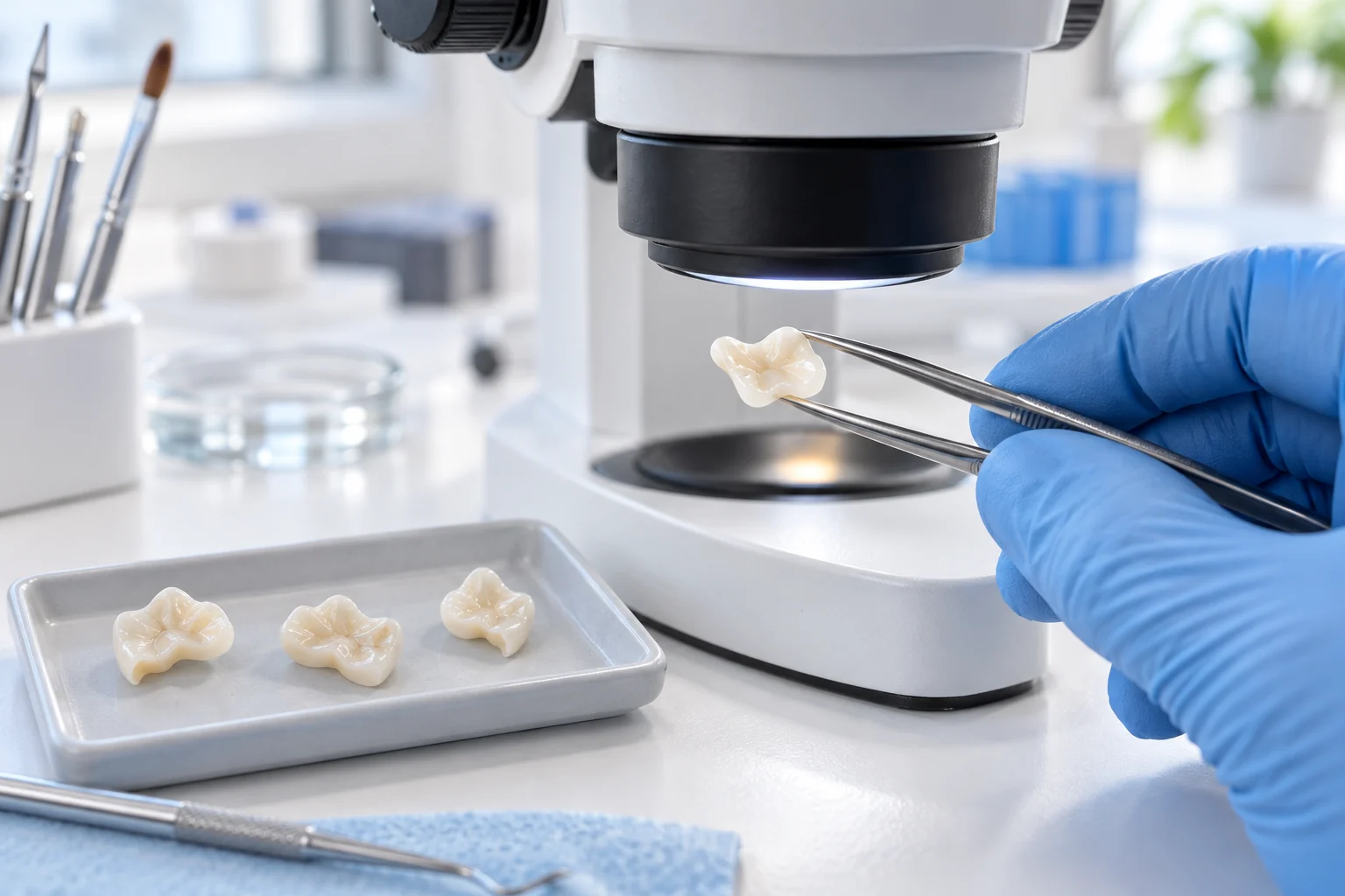 Проверка небольших керамических вкладок под увеличением в учебной лабораторной сцене